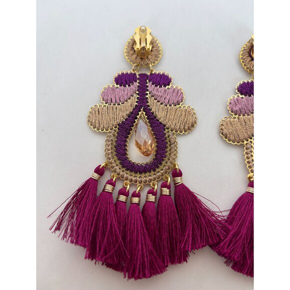 Mercedes Salazar Curubas Drop Earrings Burgundy Tassel Trim Bohemian Clip On - Picture 6 of 9
